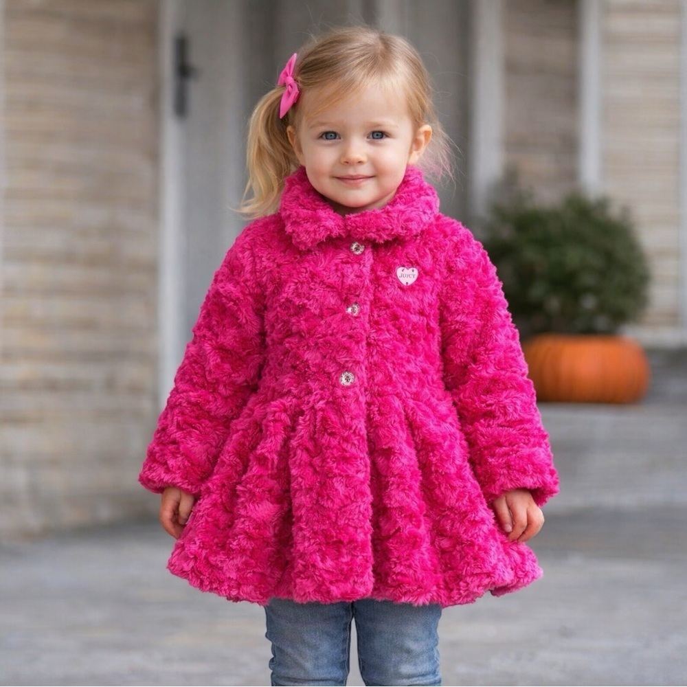JUICY COUTURE Faux Fur Teddy Peplum Peacoat‎ in Hot Pink.